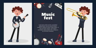 Young musicians enjoying a lively music fest with various instruments and cheerful performances vector