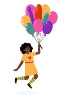 Child joyfully holding colorful balloons while running outdoors in a cheerful setting vector