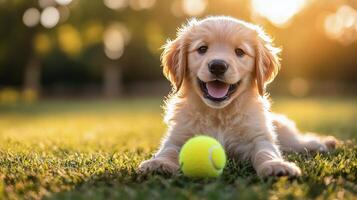 A golden retriever puppy playing with a tennis ball photo