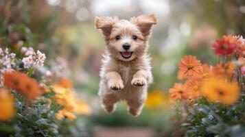 A puppy is jumping through the air in a field of flowers photo
