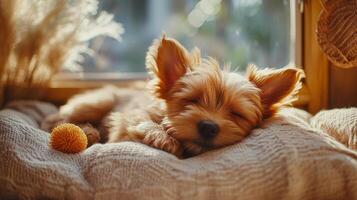 A small dog sleeping on a blanket photo