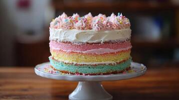 A rainbow cake on a cake stand photo