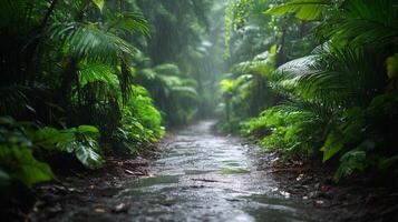Rainy forest path in tropical rainforest photo