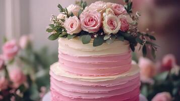 A pink and white cake with flowers on top photo