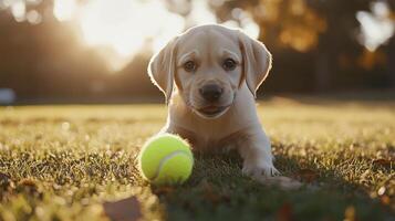 A puppy playing with a tennis ball photo