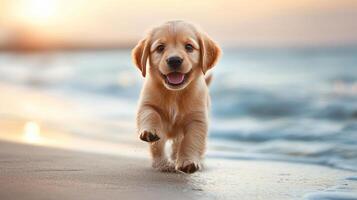 A golden retriever puppy running on the beach photo