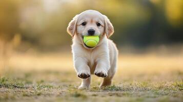 A puppy running with a tennis ball in its mouth photo