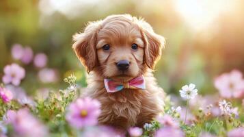 A puppy with a bow tie sitting in a field of flowers photo