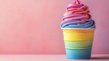 A colorful ice cream sundae in a paper cup photo