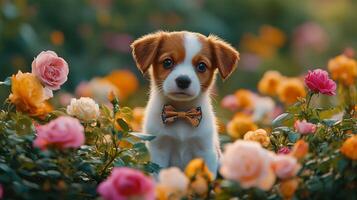 A puppy is sitting in a field of flowers photo