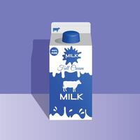 A digital illustration of a full cream milk carton designed in blue and white. The packaging features a cow silhouette, Pure label, and a splash of milk, emphasizing freshness and quality. vector