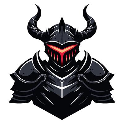 A dark knight with red orange eyes wearing a horned helmet, esports logo design