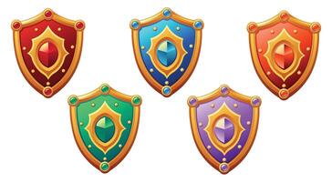 set of gold medieval gaming shields with gemstones vector