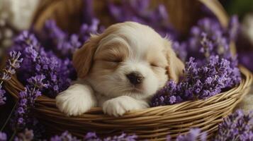 A puppy sleeping in a basket of lavender flowers photo