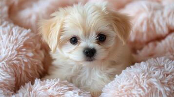 A small white puppy is sitting on a pink blanket photo