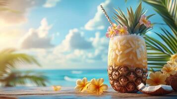 Tropical drink with coconut and pineapple on the beach photo