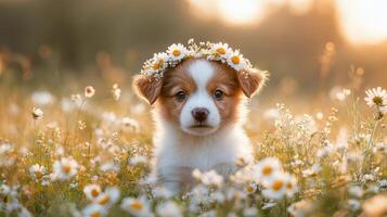 A puppy in a field of flowers with a flower crown photo