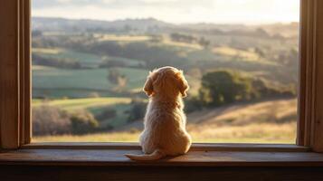 A dog sitting on a window sill looking out at a landscape photo