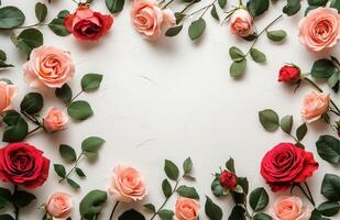Roses arranged in a circle on a white background photo