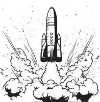 Rocket Launch Explosion Spacecraft Blastoff Ascent Cosmos Flight black silhouette line art coloring book page design vector