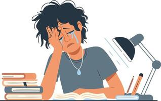 Stressed Crying student struggling with homework in a Flat Style Illustration design vector