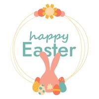 Round Frame with Rabbit with Eggs and Flowers. Doodle children card with text Happy Easter. Hare sits with its back. Cute Bunny with painted holiday elements. Buds. Spring event. illustration vector