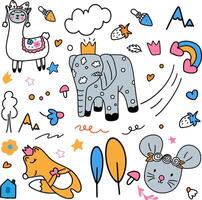 Cartoon llama, mouse, fox, elephant with a crown surrounded by cartoon elements vector