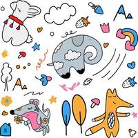 Cartoon llama, mouse, fox, elephant with clouds vector