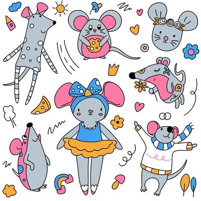 Flat illustration in children's style. Animals of the forest. Cute mice on white background, flowers, hearts, cheese, scribbles