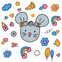 Cartoon gray mouse with flowers on its head with a pink nose surrounded by cartoon elements vector