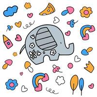 Cartoon elephant with flowers surrounded by cartoon elements vector