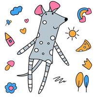 Cartoon gray mouse with polka dots and pink ears surrounded by cartoon elements vector