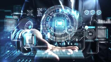 Businessman using futuristic hologram interface showing global data and x-code video