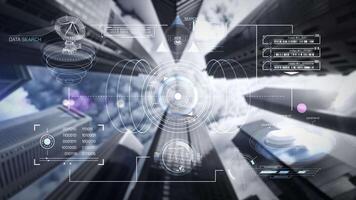 Futuristic interface displaying data and searching through city buildings video