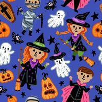 Halloween characters Seamless pattern. Witches, pumpkin, ghost vector