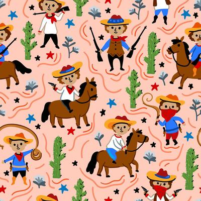 Bright cheerful children seamless pattern with American native indians and western cowboy from wild west rural Landscape. Childish background. Cheerful characters with animals and plants.
