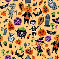 Seamless pattern of Halloween characters, Children in funny and scary witch, vampire and monster costumes background vector