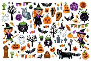 Set of Halloween characters, Children in funny and scary witch costumes vector