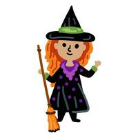 Funny witch character with broom in cartoon style. Halloween isolated on white background vector