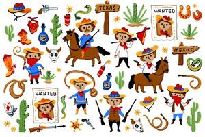 Set of cowboy characters, American Wild West Collection. Cartoon style. vector