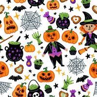 Seamless pattern of Halloween characters, Children in funny pumpkin background vector