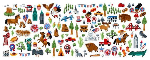A huge set of North American elements. Symbols of Canada. Nature, animals, characters, objects. For maps and children's designs. Travel landmarks illustrations. Cartoon style. Childish artwork vector
