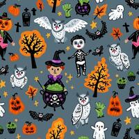 Children in funny and scary witch, vampire and monster costumes. Seamless pattern of Halloween characters, vector