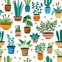 Seamless pattern of house plants in colorful ceramic pots vector