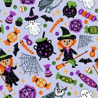 Seamless pattern of Halloween characters, Children witch in funny background vector
