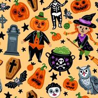 Seamless pattern of Halloween characters, Children with funny and scary witch, owl, monster costumes background vector