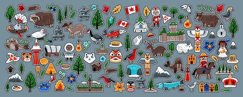 Set of stickers with landmark symbols of Canada. For printing, for souvenirs, graphics for posters. Collection of design elements in a hand-drawn style. Children's doodle illustration for concept art vector