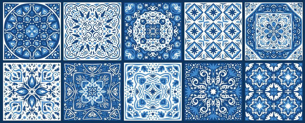 Blue ornament tile pattern, floral mosaic