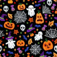 Halloween childish pumpkin background with ghost, web and bat seamless pattern. vector