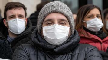 Close-up of a man wearing a protective mask and winter clothing outdoors, surrounded by other masked people. A concept of public health, pandemic safety, and social responsibility. photo